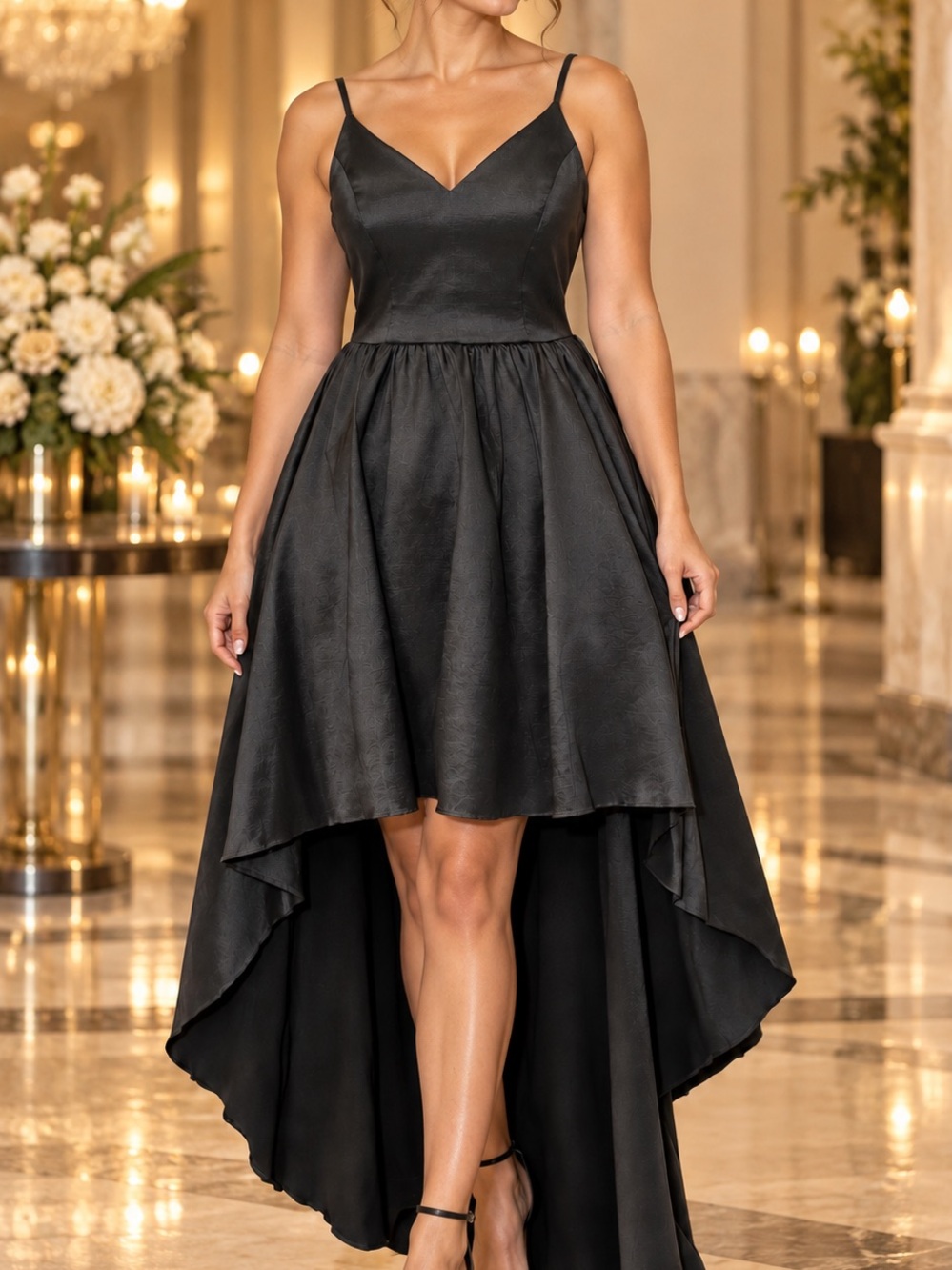 Macy's Black Satin High-Low Spaghetti Strap Dress